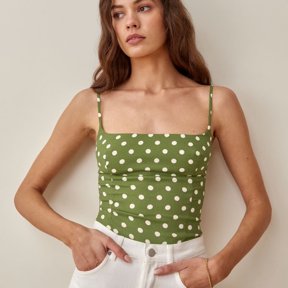 Reformation - The Grace Top (Size 2, Green/White Polka Dot)